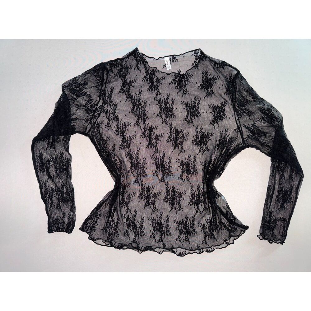Y2K-Inspired Black Floral Mesh Mock Neck Long-Sleeve | Size Large